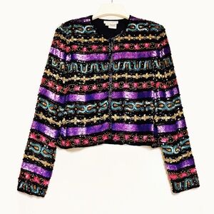 Vintage Tait Mate Sequin Silk Jacket Size 8 Colorful Holiday Glam Sparkly Beaded